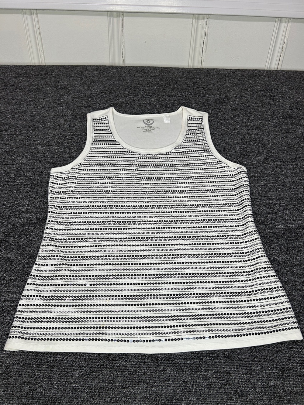 Chico’s Zenergy Tank Top Women’s Size 3 White Black Sequin Stripe Stretch